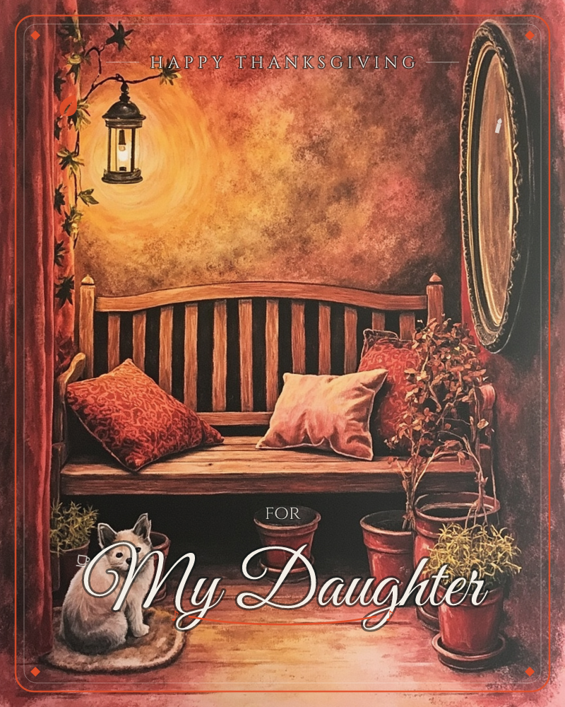 A cosy porch nook glows in amber lamplight, with a wooden bench piled with patterned cushions and terracotta pots of trailing plants along the floor, a thanksgiving e-card design