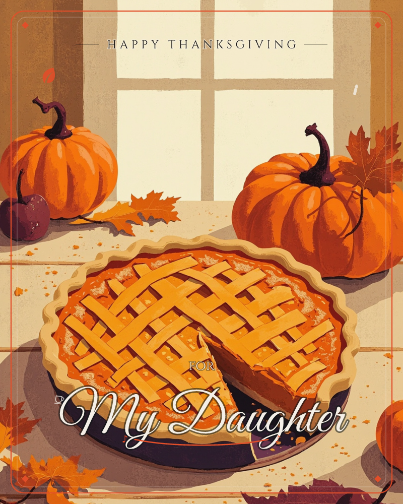 A lattice-topped pumpkin pie sits on a sunlit windowsill with one slice cut away, surrounded by whole pumpkins, a dark plum, and scattered autumn leaves, a thanksgiving e-card design