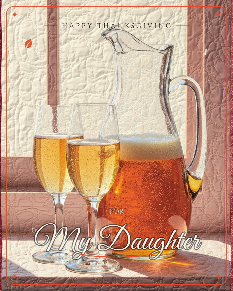 A glass pitcher of amber beer, still fizzing with bubbles and topped with a foamy head, stands beside two tall flutes filled with pale sparkling wine, a thanksgiving e-card design