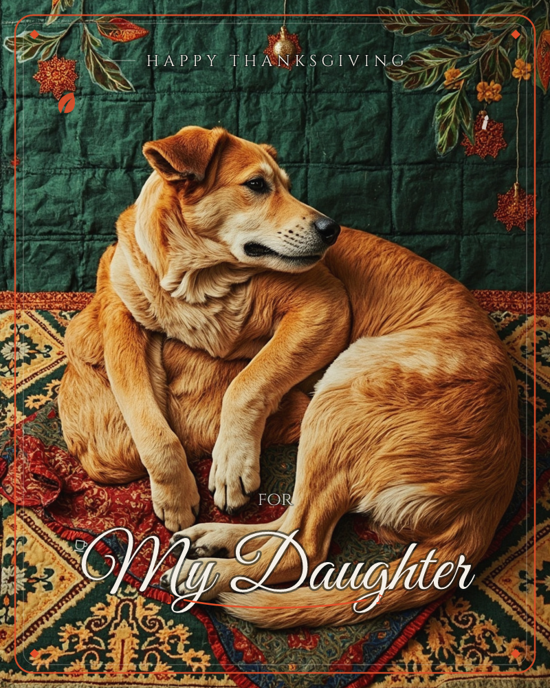 A golden-coated dog curls up nose to tail on an ornate patterned rug, resting against a deep green quilted backdrop stitched with autumn leaves and…, a thanksgiving e-card design
