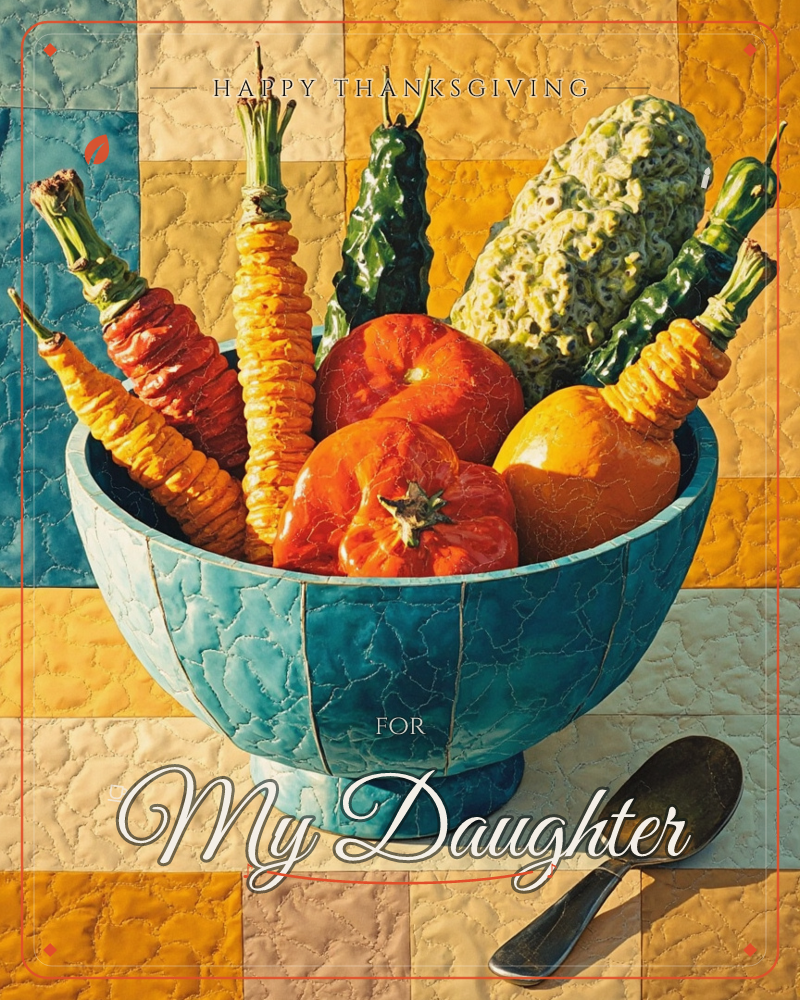 A crackle-glazed turquoise bowl overflows with textured, sculptural vegetables, striped carrots, ridged peppers, a bumpy squash and plump tomatoes, …, a thanksgiving e-card design