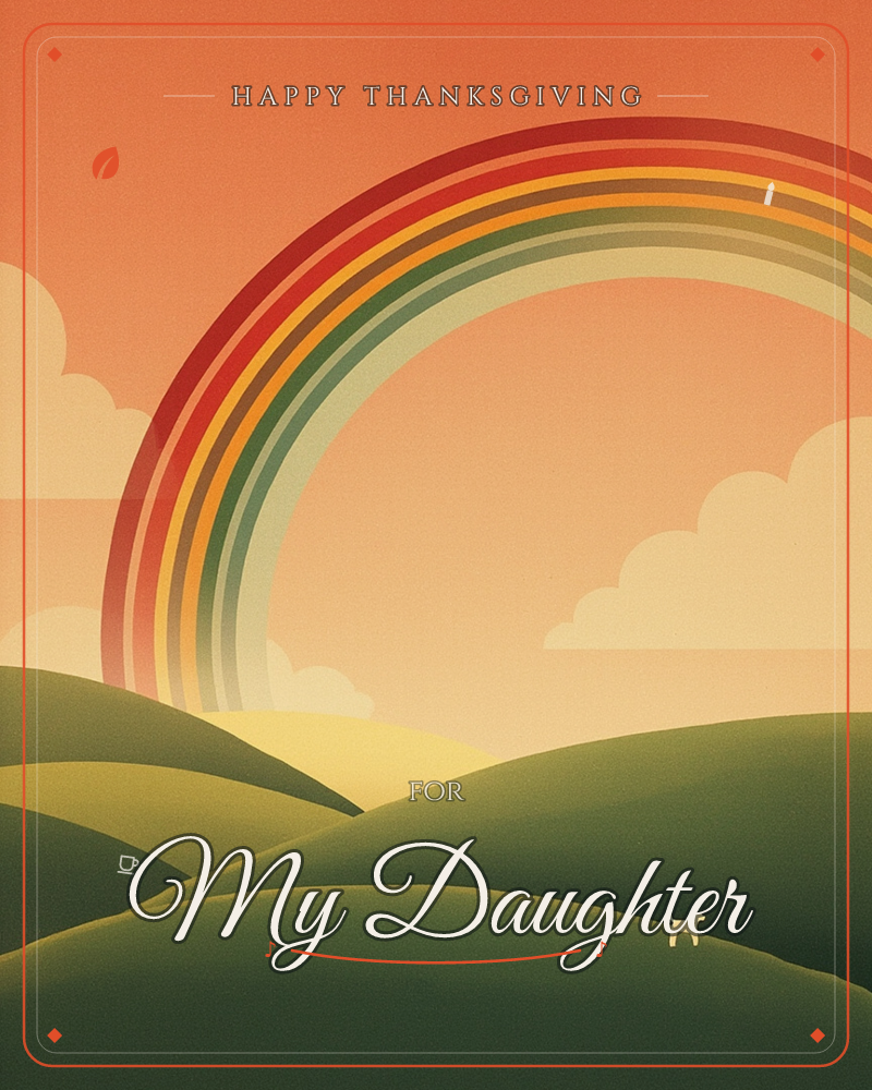 A retro-toned illustration shows a huge rainbow arcing over rolling green hills under a glowing orange sky, a thanksgiving e-card design