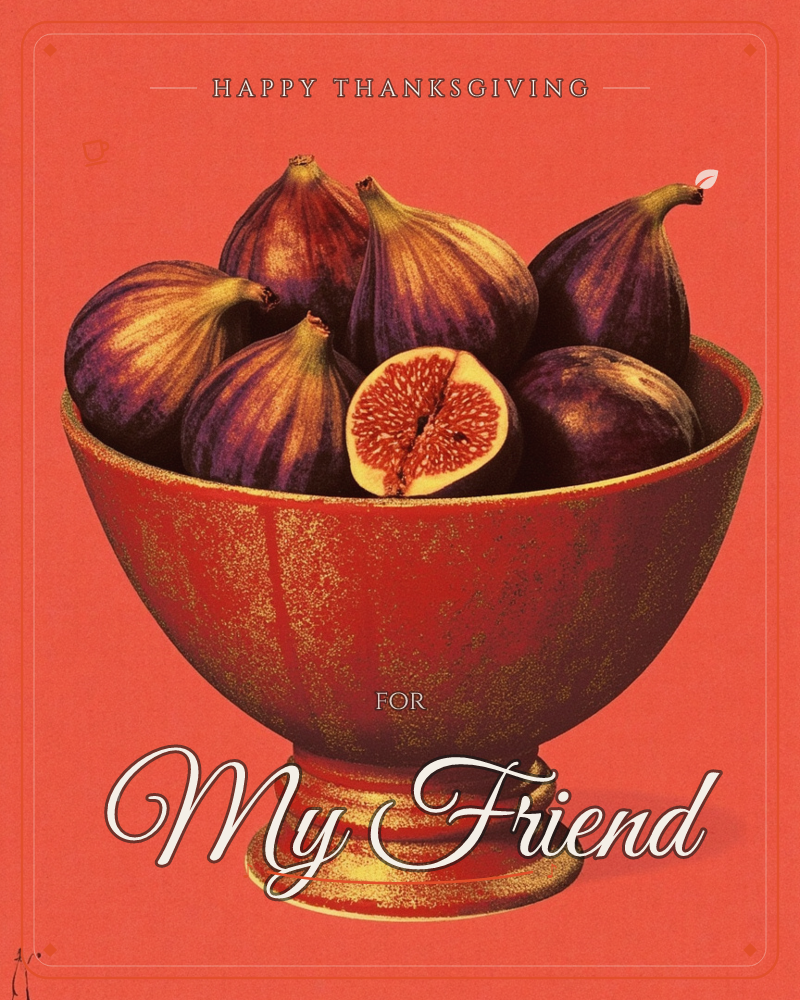 A pedestal bowl sits piled high with whole purple figs, one halved to reveal its seeded pink flesh, all rendered in a grainy, textured print style, a thanksgiving e-card design