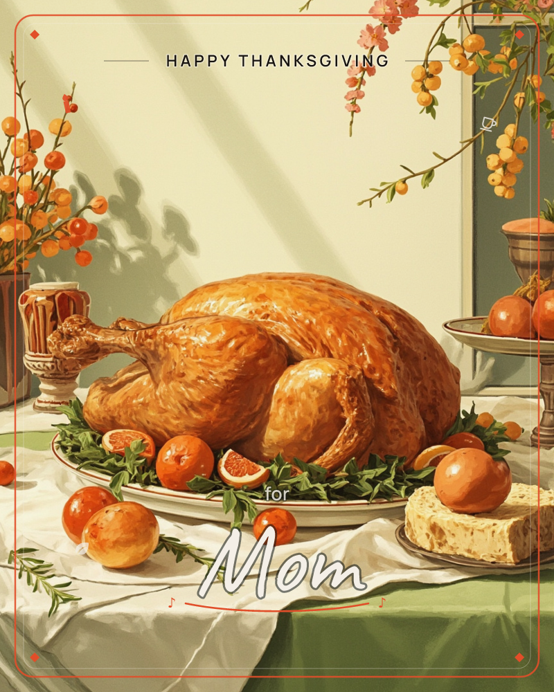 A roasted turkey rests on a platter ringed with citrus wedges and sprigs of greenery, set on a white cloth over a sage-green table runner, a thanksgiving e-card design