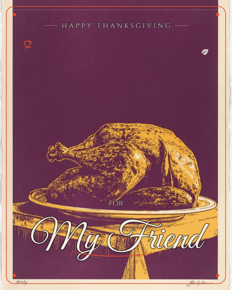 A roasted whole turkey sits on a platter atop a draped tablecloth, rendered entirely in bold mustard-yellow linework against a deep plum-purple background, a thanksgiving e-card design