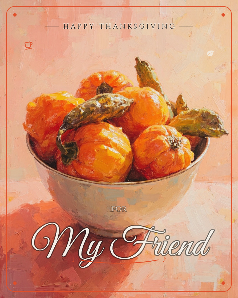 A white ceramic bowl is piled high with small orange gourds, their curled green stems poking up above the rim, all rendered in loose, buttery…, a thanksgiving e-card design