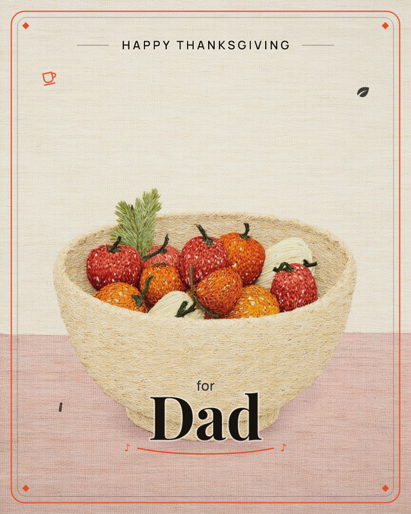 A woven straw-textured bowl sits piled with strawberries in red and orange tones, tucked among a few pale garlic-like bulbs and a sprig of green herb, a thanksgiving e-card design