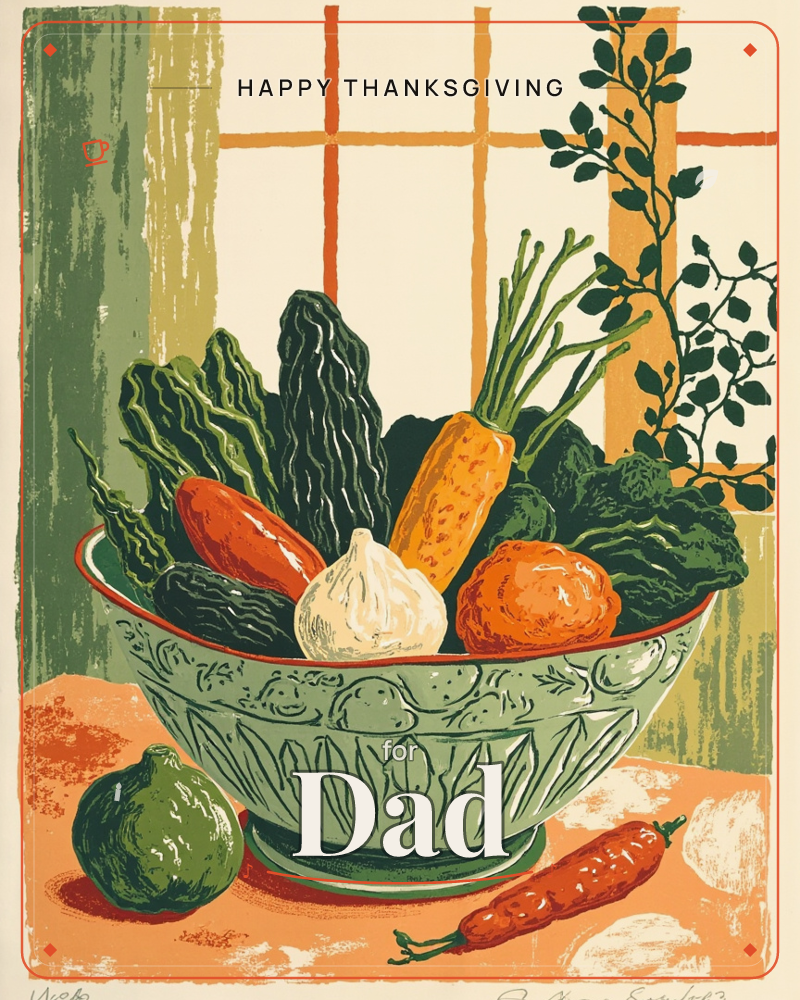 A patterned green ceramic bowl overflows with kale, carrots, tomatoes, garlic and a courgette, set on an orange tabletop before a sunlit window with a…, a thanksgiving e-card design