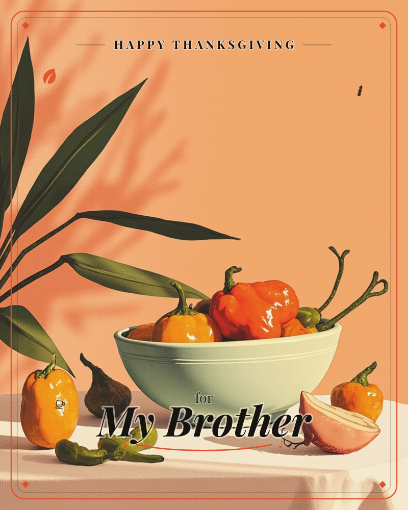 A pale mint bowl sits on a white tablecloth, piled with glossy orange and red habanero peppers, their long green stems curling upward, a thanksgiving e-card design