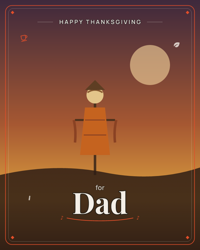 A lone scarecrow in a peaked hat stands atop a dark rolling hill beneath a glowing dusk sky, a pale full moon rising to one side, a thanksgiving e-card design by @DittyCityTeam