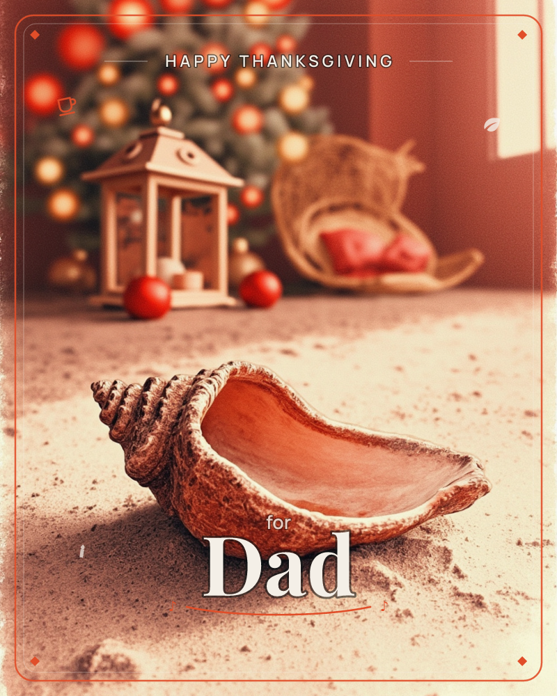 A large conch shell rests on a bed of pale sand in the foreground, its glossy peach interior catching the warm light, while a decorated Christmas tree…, a thanksgiving e-card design
