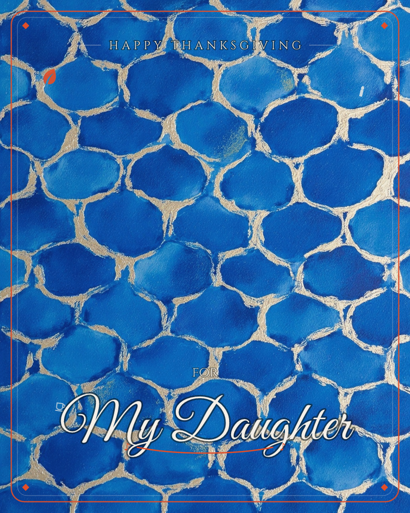 A dense mosaic of rounded cobalt-blue cells is packed edge to edge across the page, each shape outlined in shimmering gold like painted stained glass…, a thanksgiving e-card design