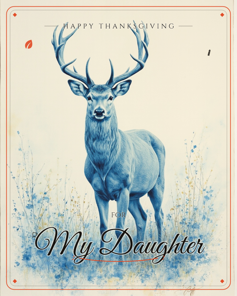 A stately stag with tall branching antlers stands facing forward in a field of delicate wildflowers, rendered entirely in soft blue ink washes against…, a thanksgiving e-card design