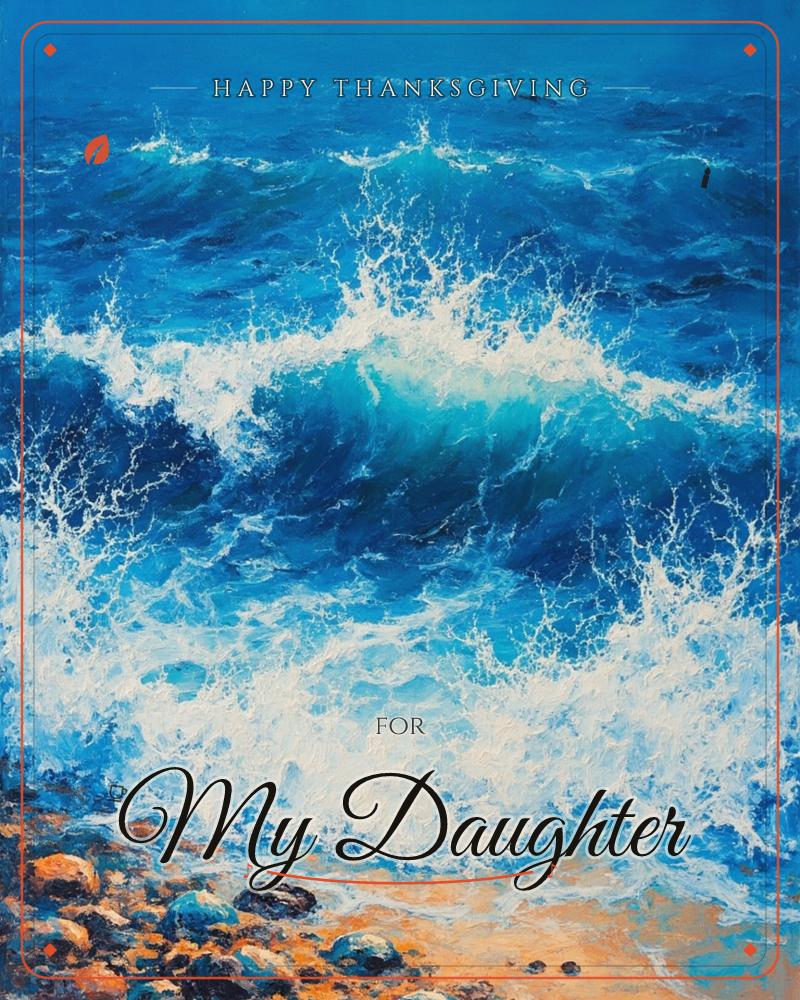 A cresting wave curls and breaks in deep turquoise and cobalt blue, its foam splashing in thick white sprays over a shoreline scattered with…, a thanksgiving e-card design