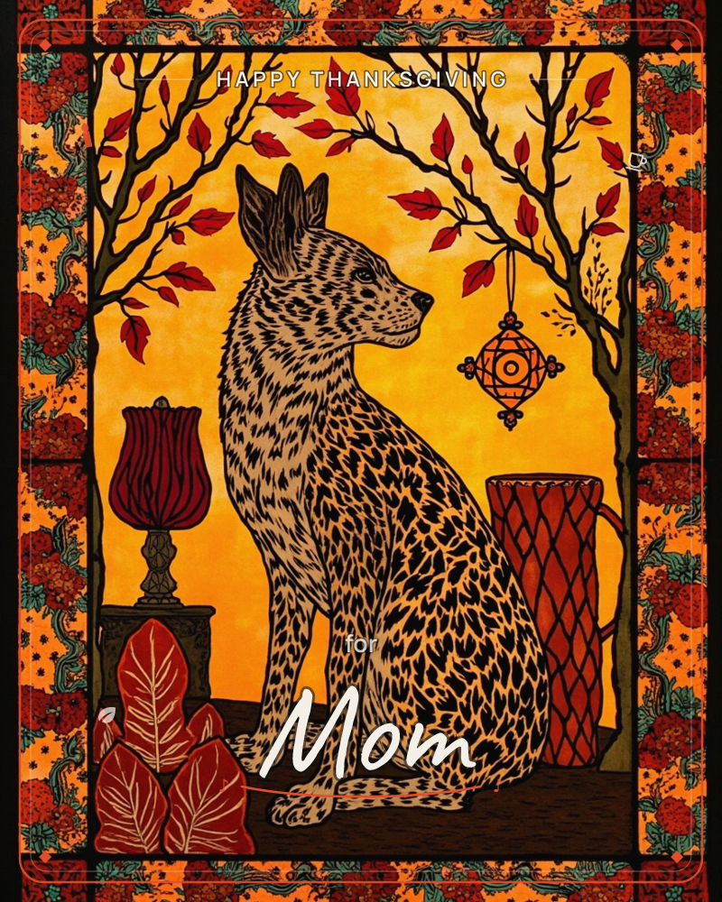 A spotted hyena-like creature sits in profile against a glowing amber background, framed by bare branches scattered with red leaves, a thanksgiving e-card design