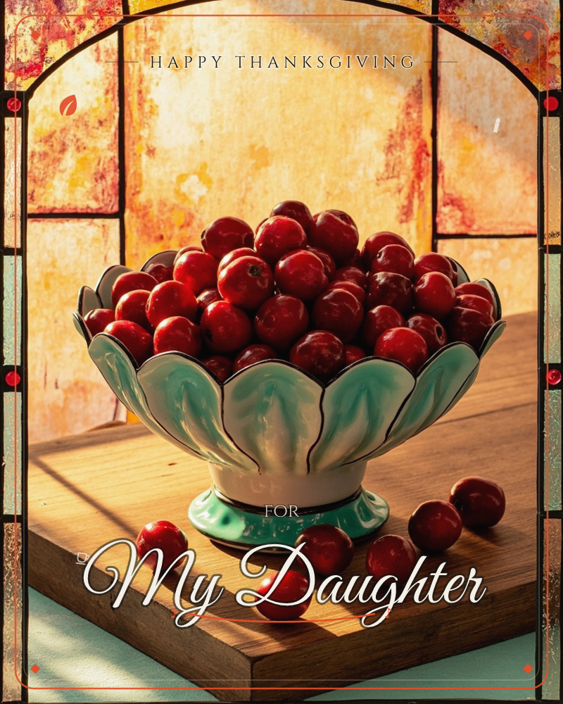 A scalloped mint-green and white bowl brims with glossy deep-red cherries, set on a wooden table with a few loose cherries scattered beside it, a thanksgiving e-card design