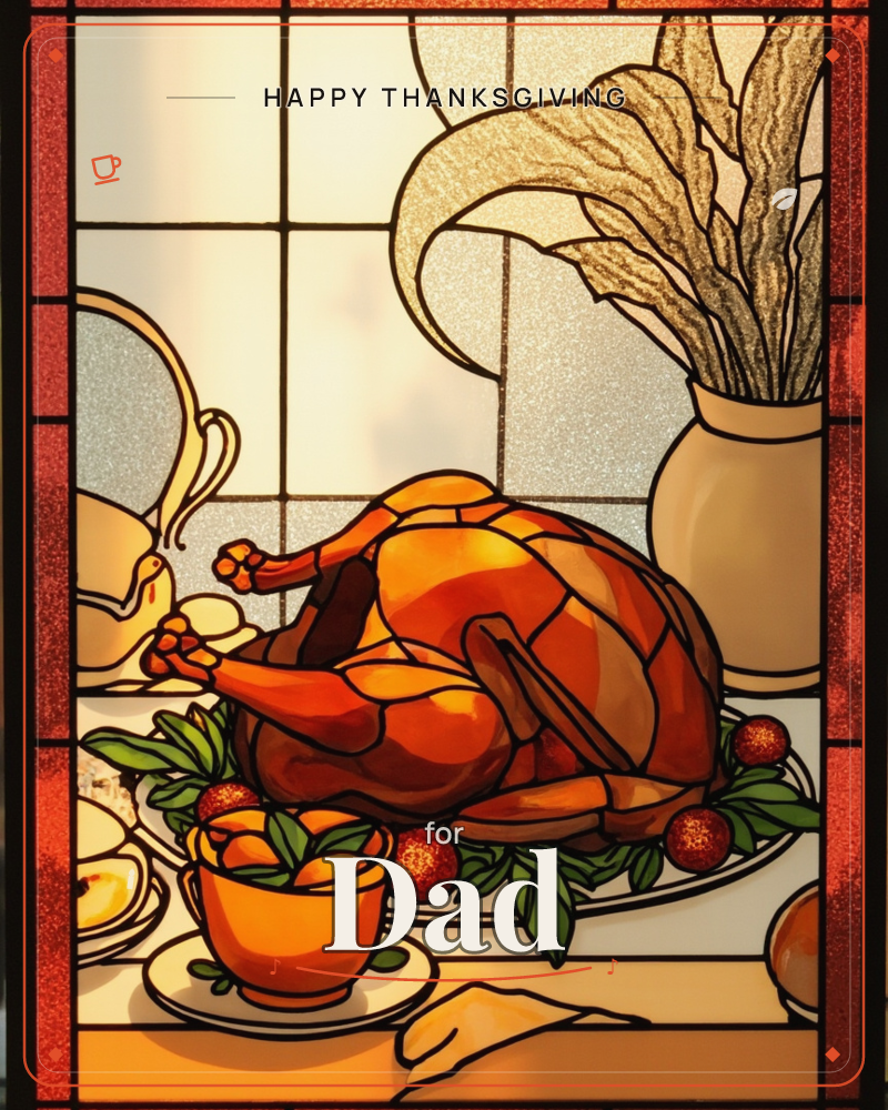 A stained-glass style illustration shows a roasted turkey centrepiece on a platter, surrounded by cranberries and sprigs of greenery, with a gravy boat…, a thanksgiving e-card design
