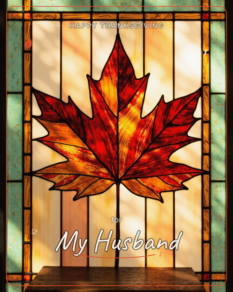 A stained-glass panel glows with a single maple leaf rendered in fiery red, amber and gold, its black lead lines tracing every point and vein, a thanksgiving e-card design