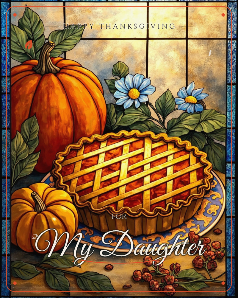 A stained-glass style illustration shows a lattice-topped fruit pie on a blue-and-white patterned plate, flanked by a large orange pumpkin and a small…, a thanksgiving e-card design