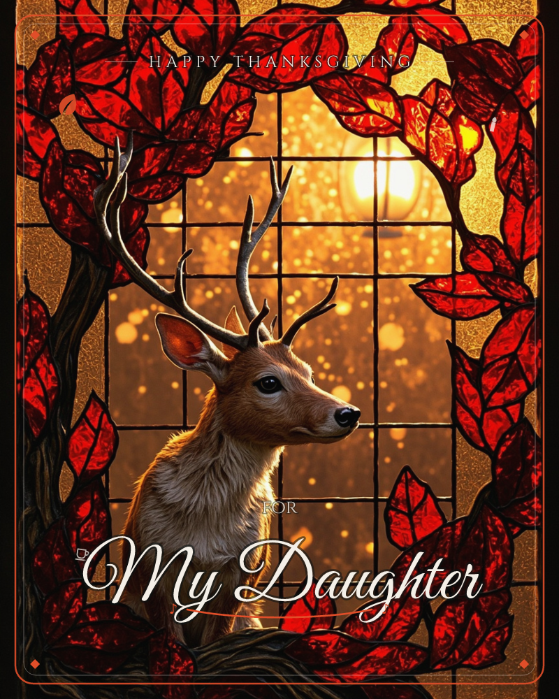 A stately stag with full antlers sits framed inside a glowing leaded window, its glass panes glimmering amber and gold behind falling light, a thanksgiving e-card design