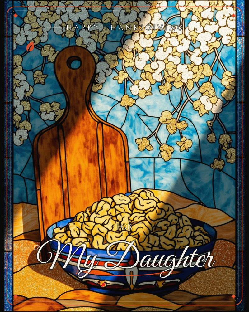 A stained-glass style still life shows a wooden paddle board propped behind a patterned blue-and-red bowl heaped with pale, curled pasta shapes, set…, a thanksgiving e-card design