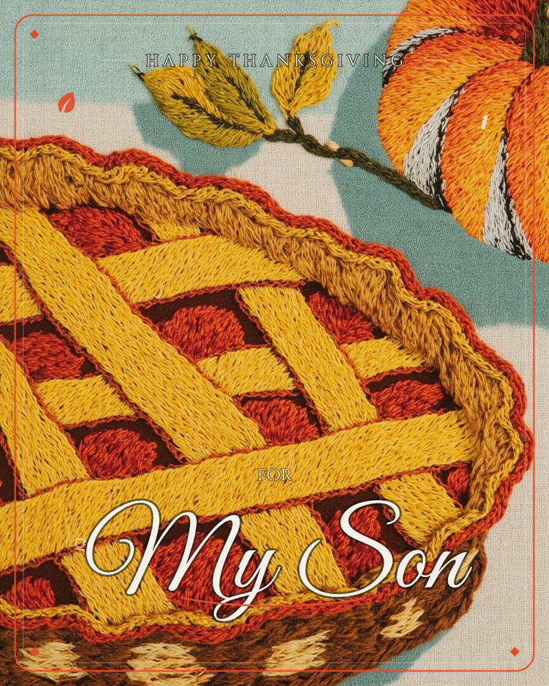 A close-up of a lattice-topped pie rendered in thick embroidered stitches, its golden crust woven over deep red filling and edged with a scalloped crimp, a thanksgiving e-card design
