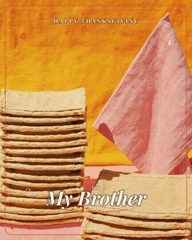 A still-life photograph shows two stacked piles of woven straw-coloured mats or coasters on a pink surface, set against a rich mustard-orange fabric…, a thanksgiving e-card design