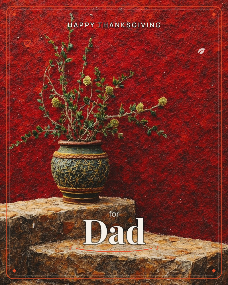 A carved clay pot sits on a rough stone step against a richly textured red plaster wall, holding slender branches topped with small round yellow blooms…, a thanksgiving e-card design
