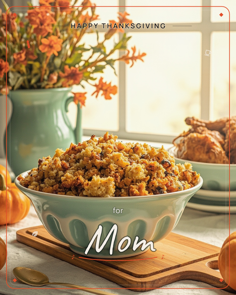 A scalloped teal bowl heaped with golden, crisp-edged stuffing sits on a wooden board beside a sunlit window, with mini pumpkins, a roasted bird, and a…, a thanksgiving e-card design