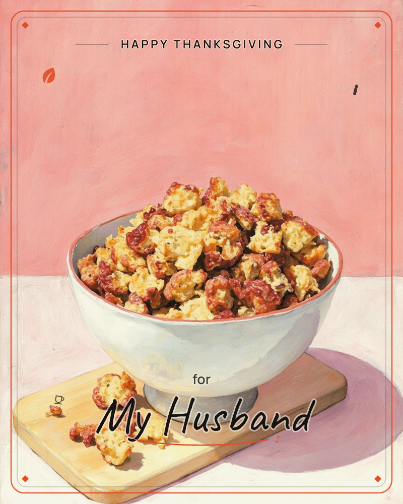 A white pedestal bowl sits piled high with golden-brown popcorn or crispy nuggets, a few stray pieces scattered on the wooden board beneath it, a thanksgiving e-card design