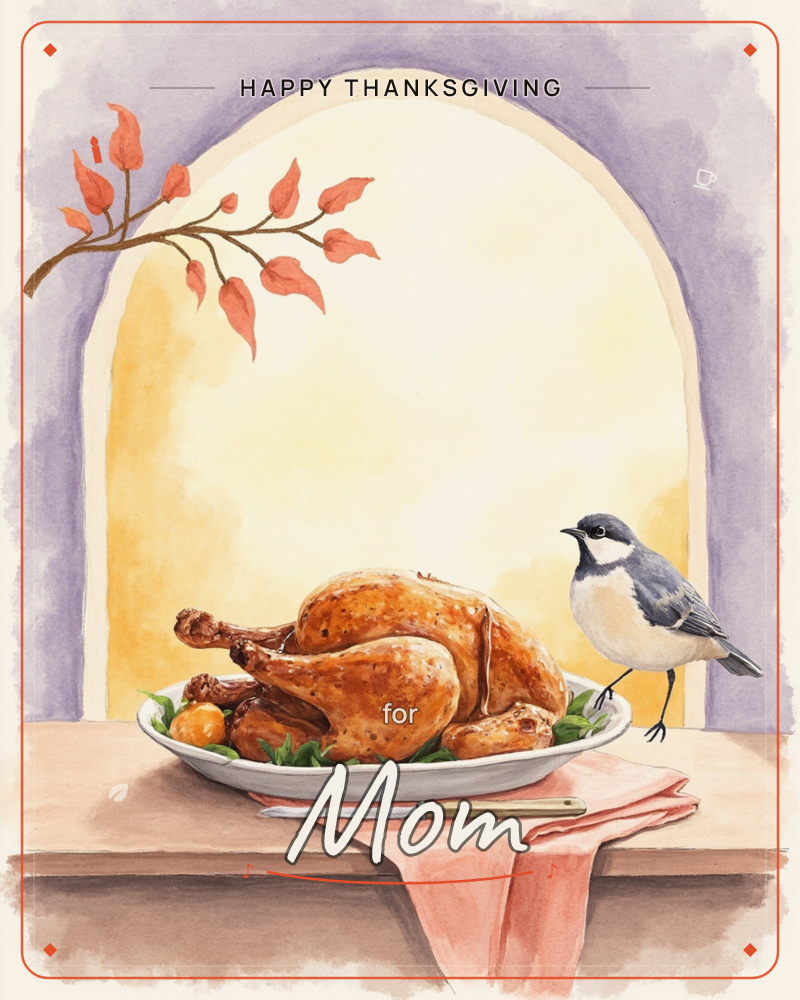 A roasted turkey rests on a white platter atop a wooden table, garnished with greens and small oranges, while a blue-and-white bird perches curiously…, a thanksgiving e-card design