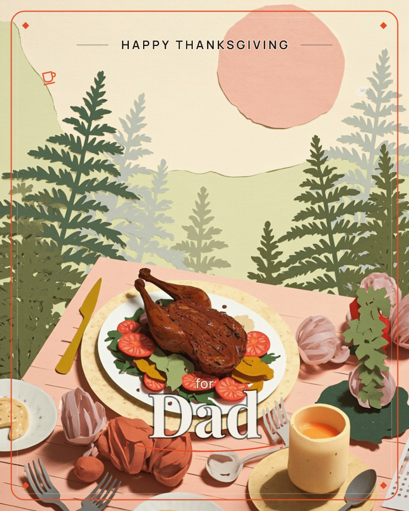 A paper-craft feast is laid out on a pink tabletop, with a roasted bird centrepiece surrounded by sliced tomatoes and greens, crusty rolls, and a…, a thanksgiving e-card design