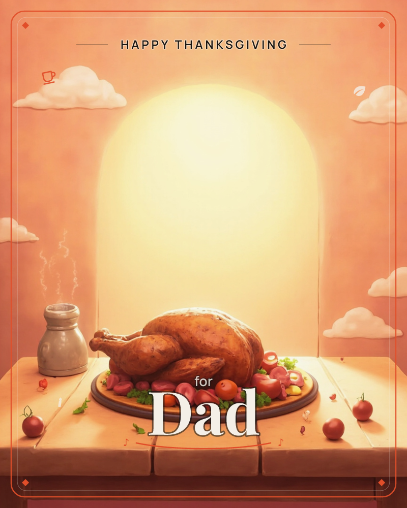 A whole roast turkey rests on a dark platter surrounded by sliced tomatoes and fresh herbs, set on a wooden table against a glowing peach sky with an…, a thanksgiving e-card design