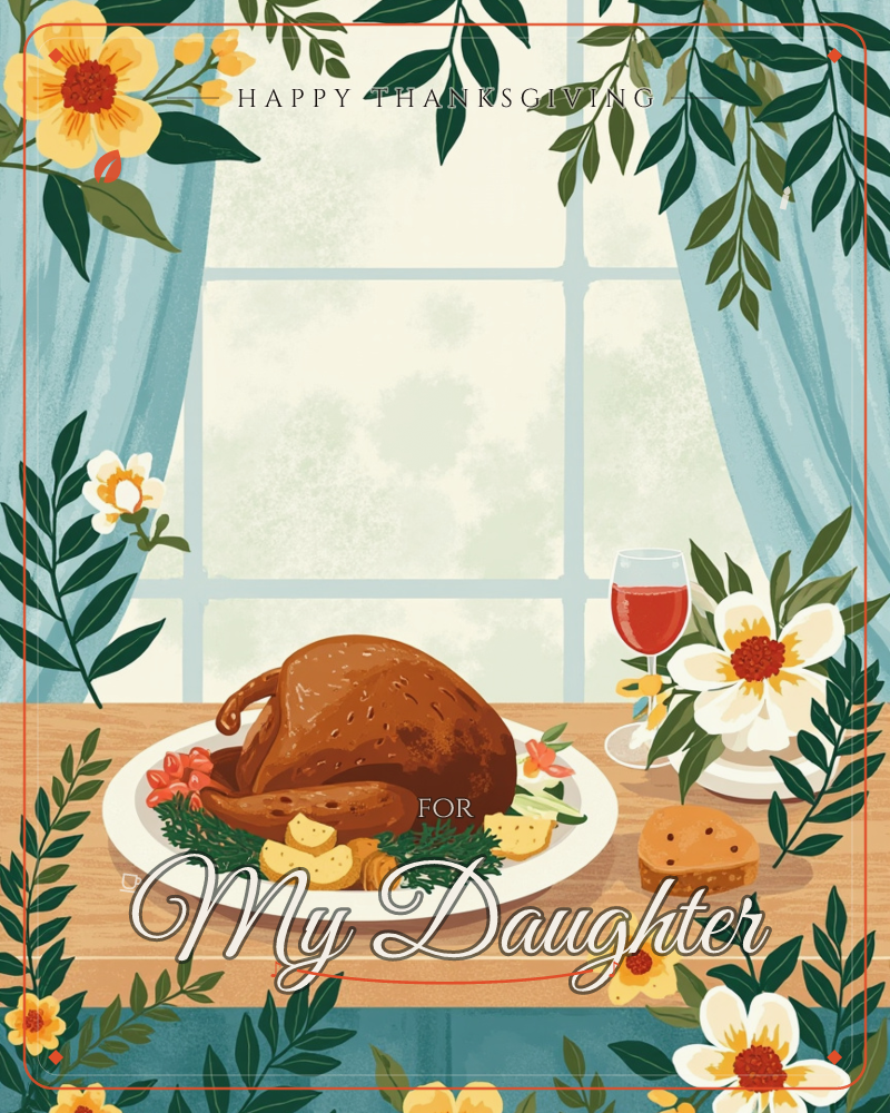 A roasted turkey rests on a white platter surrounded by herbs and roasted vegetables, set on a wooden table before a window with soft blue curtains…, a thanksgiving e-card design