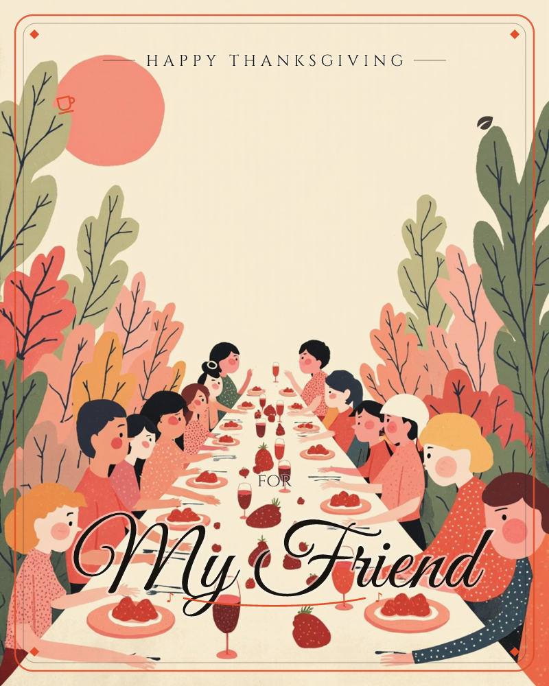 A long outdoor table stretches into the distance beneath a round coral sun, flanked by stylised autumn foliage in rust, olive and pink, a thanksgiving e-card design