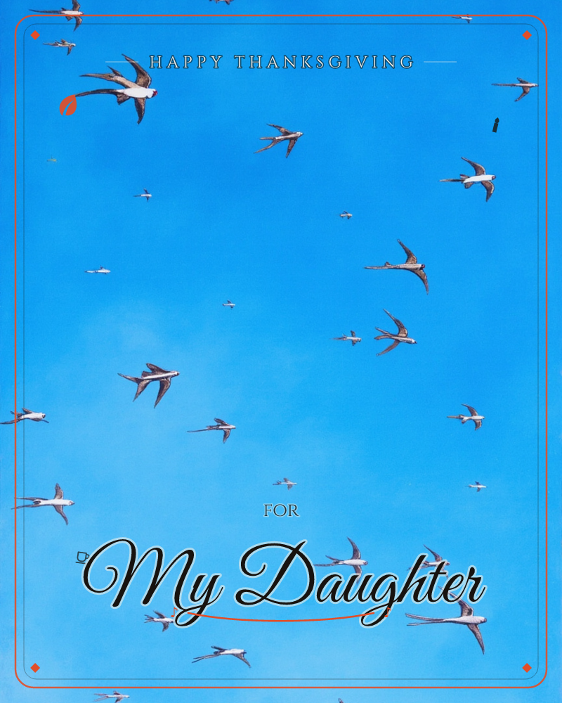 A wide expanse of clear blue sky is filled with swallows in flight, their forked tails and pointed wings scattered across the frame at different sizes…, a thanksgiving e-card design