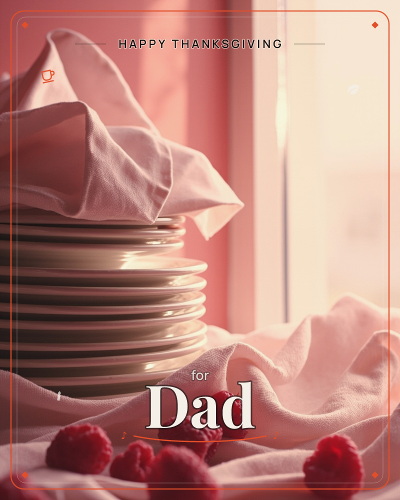 A stack of pale plates sits draped in soft pink linen beside a sunlit window, with fresh raspberries scattered across the fabric below, a thanksgiving e-card design