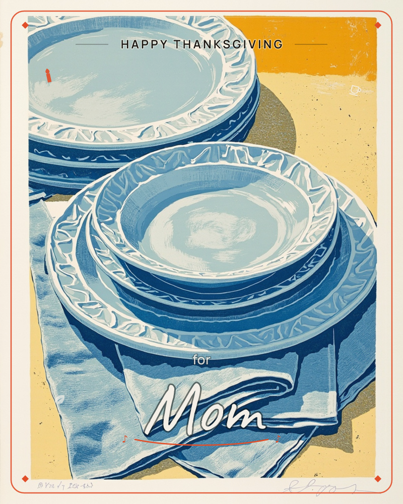 A stack of blue and white patterned plates sits piled on a folded blue cloth napkin, set against a warm mustard-yellow background with an orange band…, a thanksgiving e-card design
