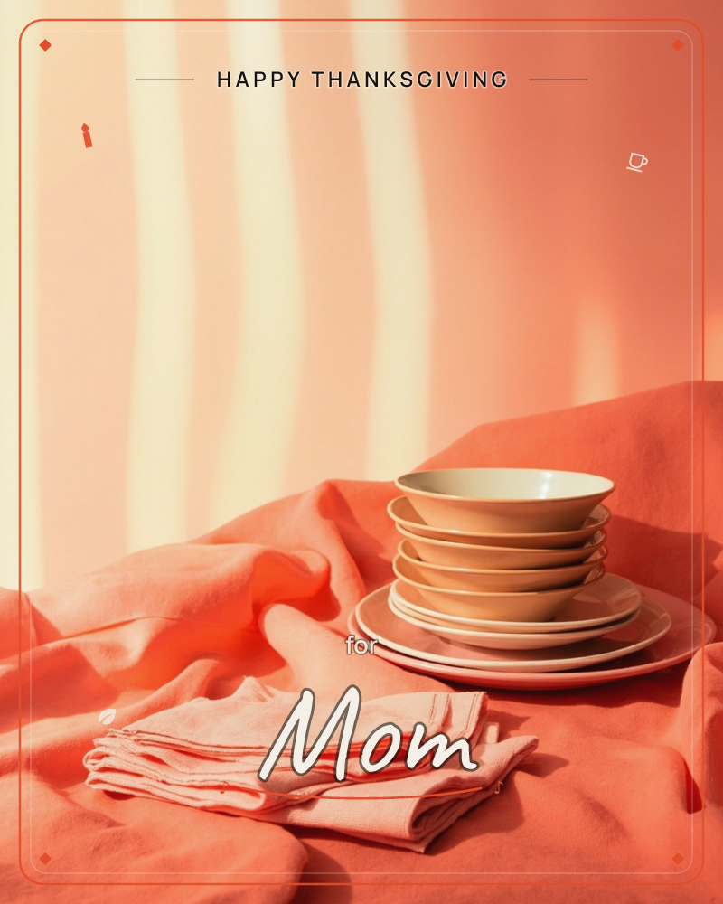A stack of tan and cream ceramic bowls and plates sits atop a rumpled coral-orange linen cloth, with a folded napkin beside it, all bathed in warm…, a thanksgiving e-card design