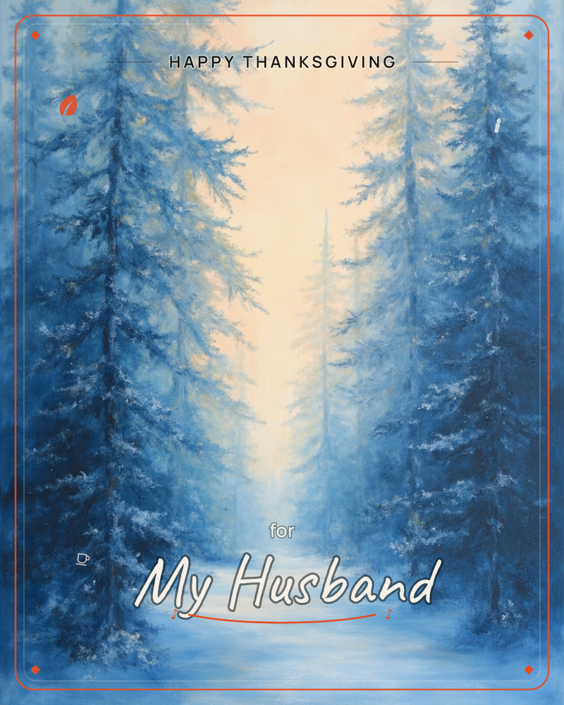 Tall snow-dusted pine trees line a quiet forest path, their blue-shadowed branches framing a soft glow of pale peach light in the distance, a thanksgiving e-card design