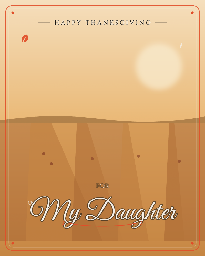 A hazy desert horizon glows under a soft, oversized sun that hangs low in a dusty amber sky, a thanksgiving e-card design by @DittyCityTeam