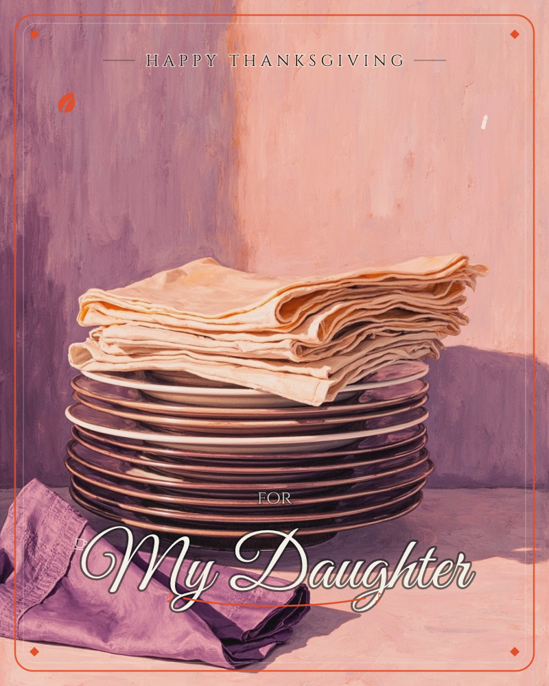 A still-life painting shows a tall stack of dark-rimmed plates topped with a folded cream cloth napkin, set against a two-toned mauve and dusty pink wall, a thanksgiving e-card design