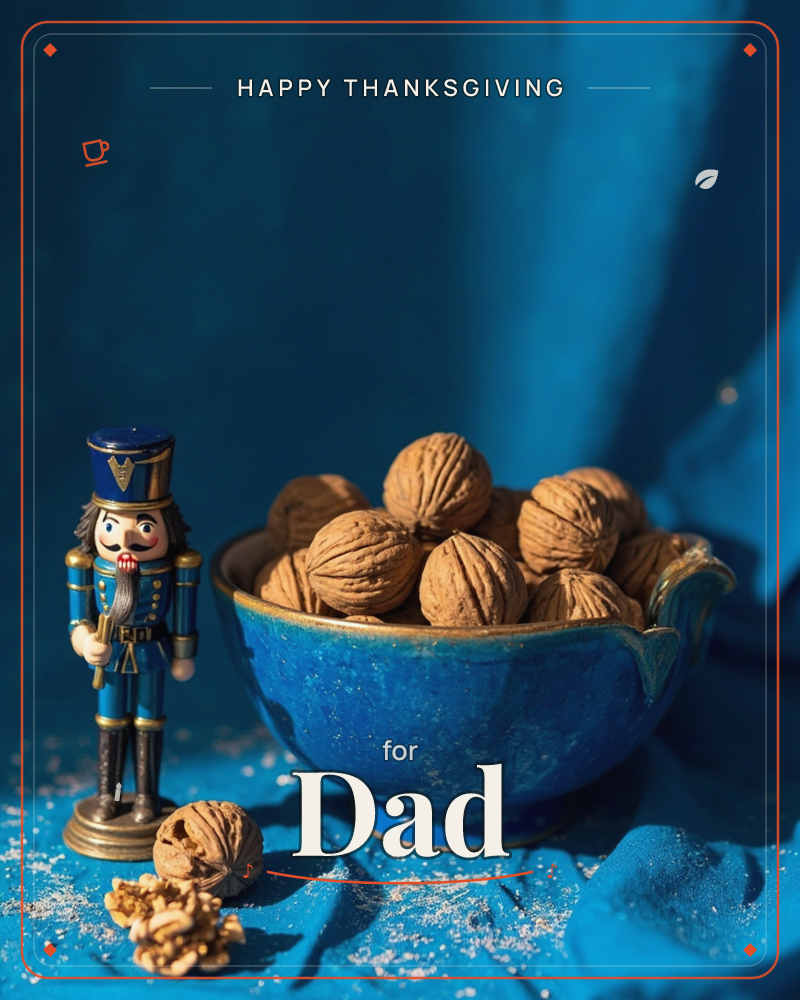 A traditional nutcracker figure in blue and gold stands beside a glazed blue bowl piled with whole walnuts, all set against draped blue fabric with a…, a thanksgiving e-card design