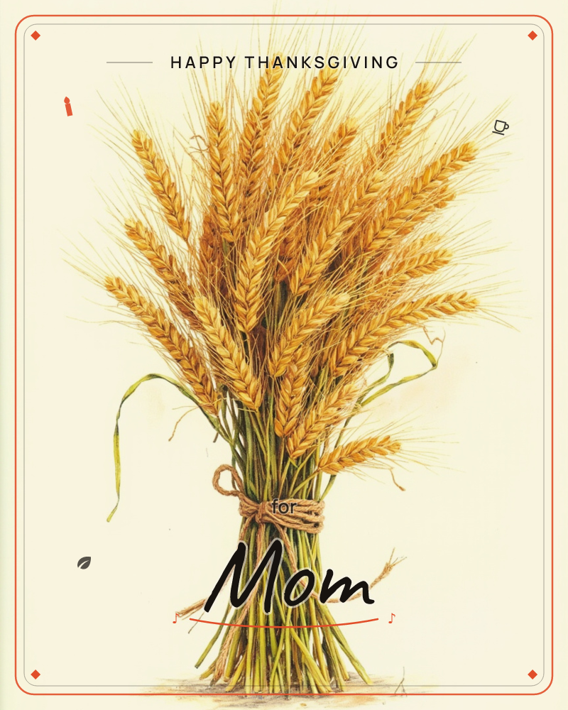 A full sheaf of golden wheat stands bundled and tied with rough twine, its bearded ears fanning out against a plain warm cream background, a thanksgiving e-card design