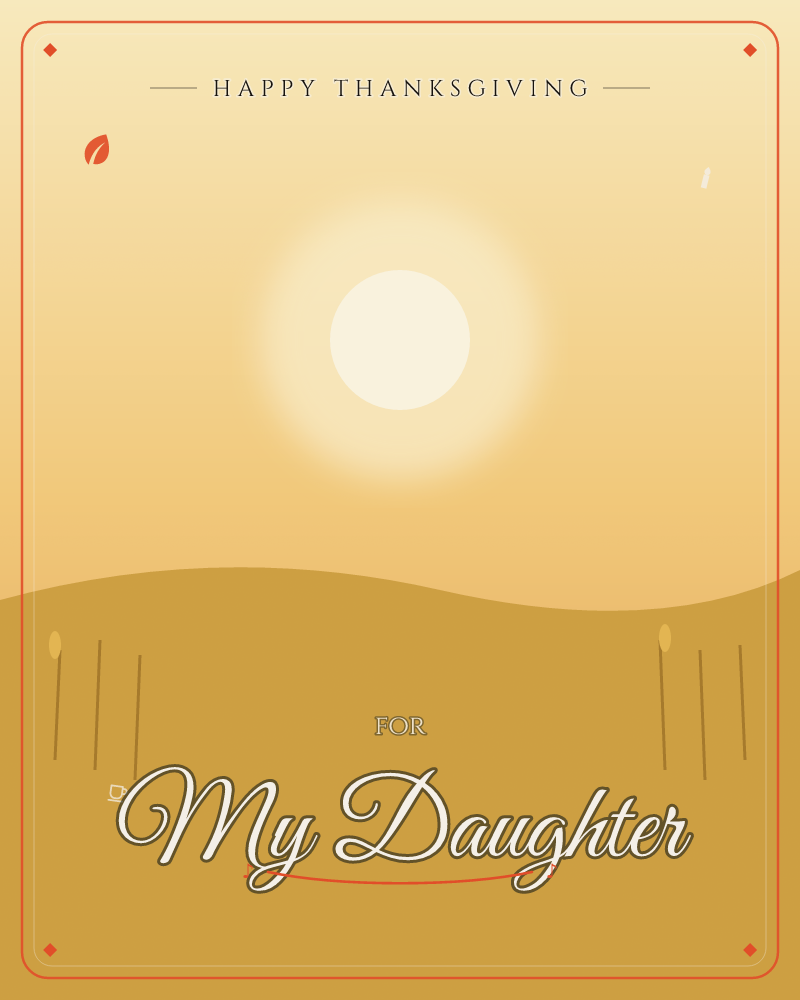 A hazy golden sun glows large and soft over a rolling amber hillside, its light washing the whole sky in warm honey tones, a thanksgiving e-card design by @DittyCityTeam