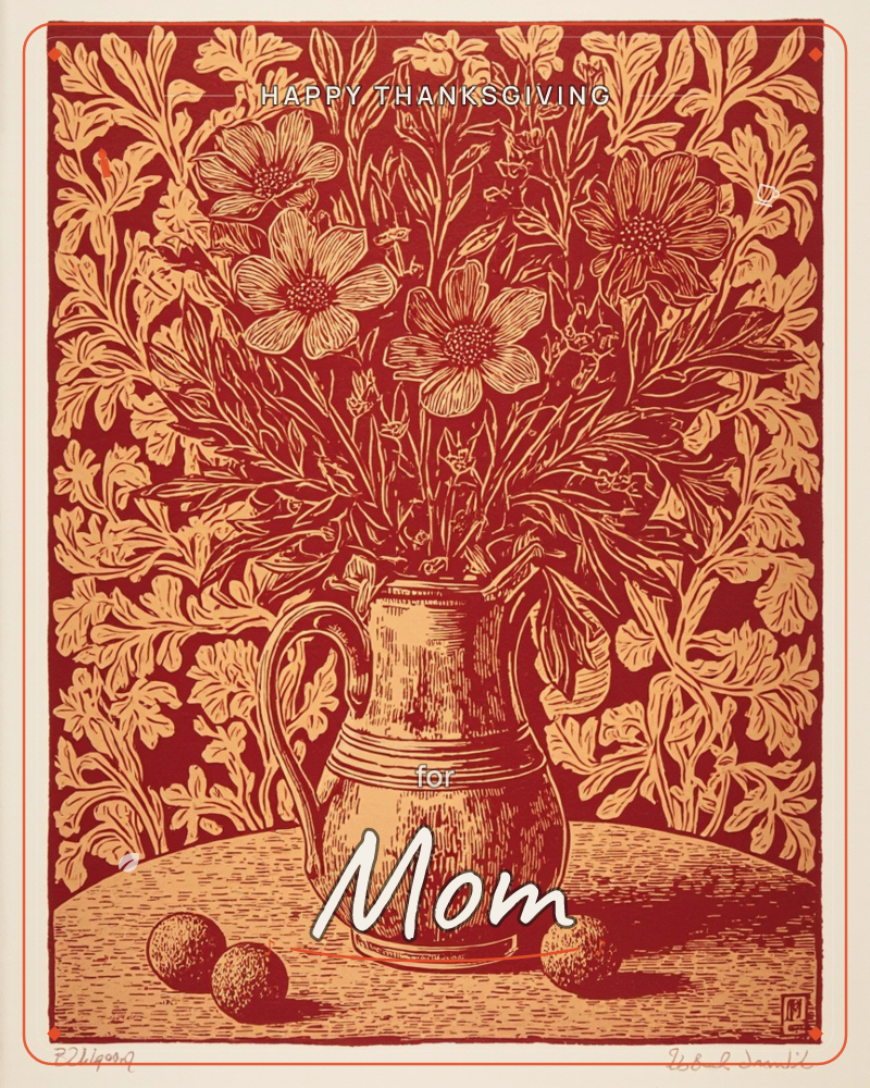 A linocut-style print shows a jug of wildflowers standing on a round table, rendered entirely in gold line-work against a deep brick-red ground, a thanksgiving e-card design
