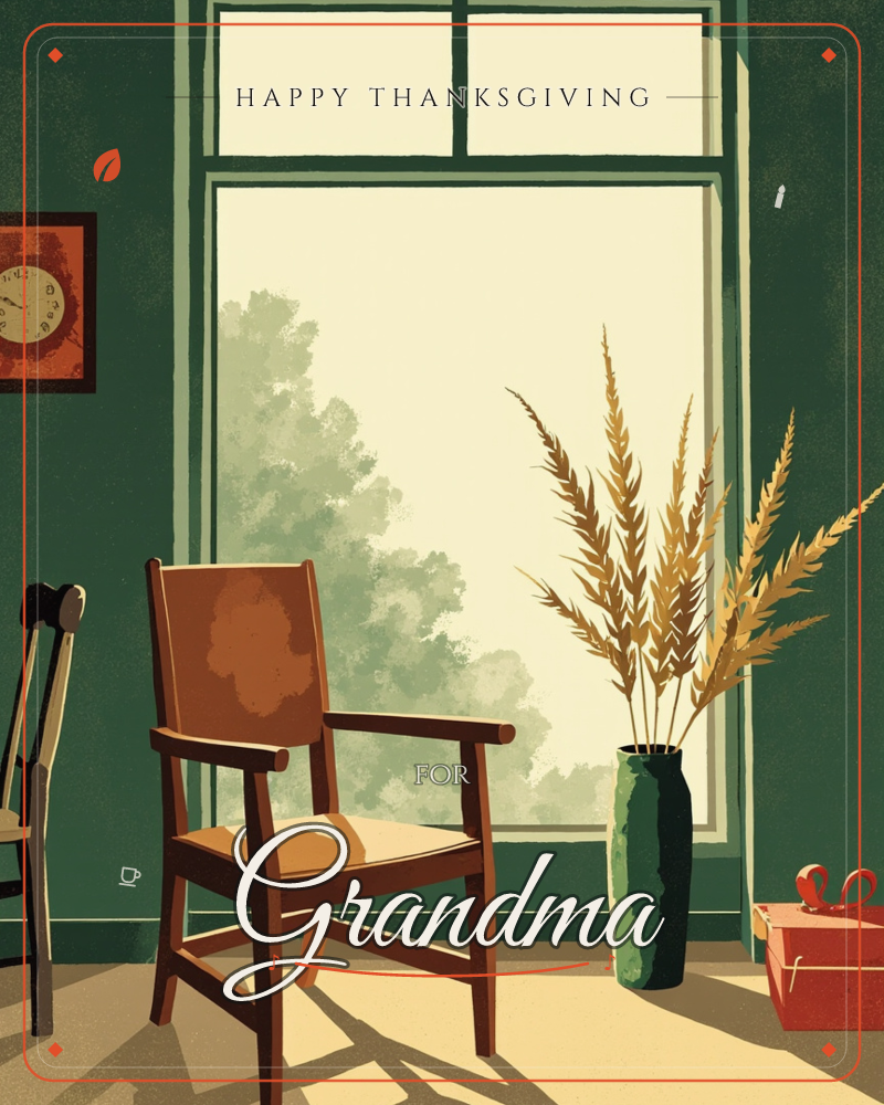 A quiet room glows in late afternoon light, with a tall window framing soft green treetops outside, a thanksgiving e-card design
