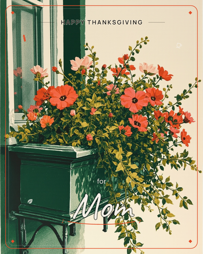 A green window box overflows with red and pink cosmos flowers against a cream wall, set beside a shuttered green window, a thanksgiving e-card design