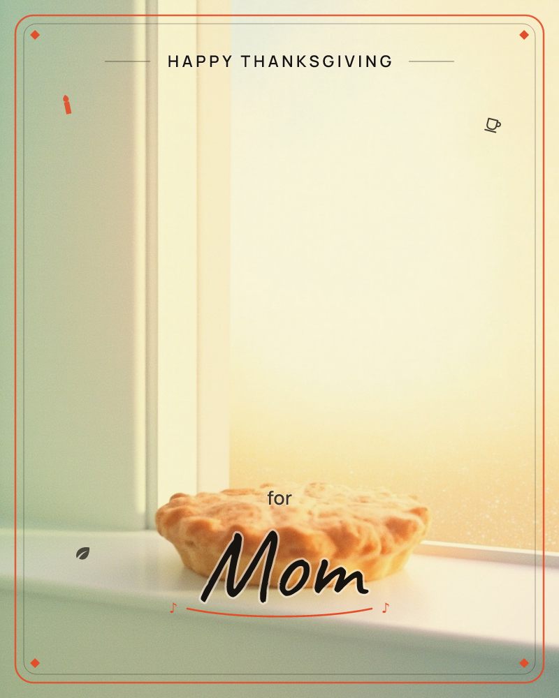 A freshly baked pie with a golden lattice crust cools on a white windowsill, glowing warm against a sunlit window pane, a thanksgiving e-card design
