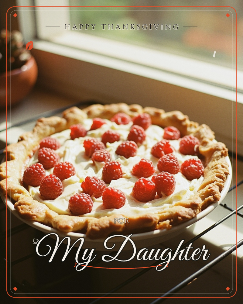 A freshly baked pie with a golden crimped crust sits cooling on a wire rack by a sunlit windowsill, its creamy filling scattered with plump fresh…, a thanksgiving e-card design